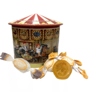 LATA CARRUSEL MUSICAL CON MILHOJITAS SURTIDAS (BOMBÓN Y NARANJA) 500g