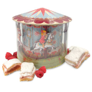 LATA CARRUSEL MUSICAL CABALLITOS CON HOJALDRADAS RELLENAS DE FRAMBUESA 300g